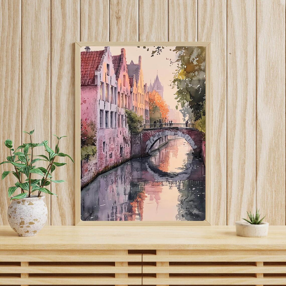 Bruges Belgium Dawn Canal Medieval Bridge Row Houses Watercolor Poster - Image 2