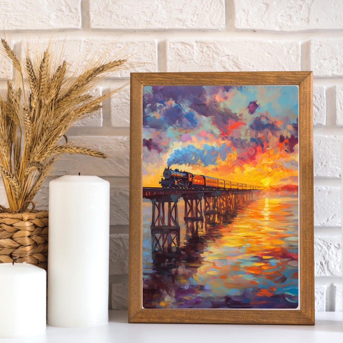 Steam Train Crossing Bridge at Sunset Over Reflecting Water Poster - Image 3