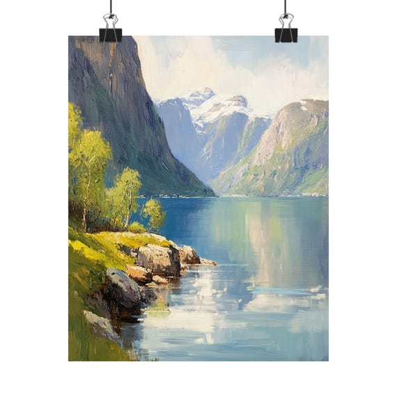 Norwegian Fjord Gouache Painting Scenic Nordic Landscape Art Fjord Wall Decor Serene Mountain Scene Nordic Nature Print