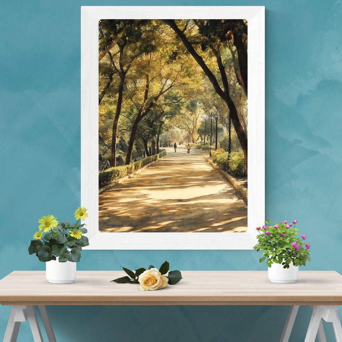Sun-Dappled Tree-Lined Pathway Through a Quiet Green Park Poster - Image 2