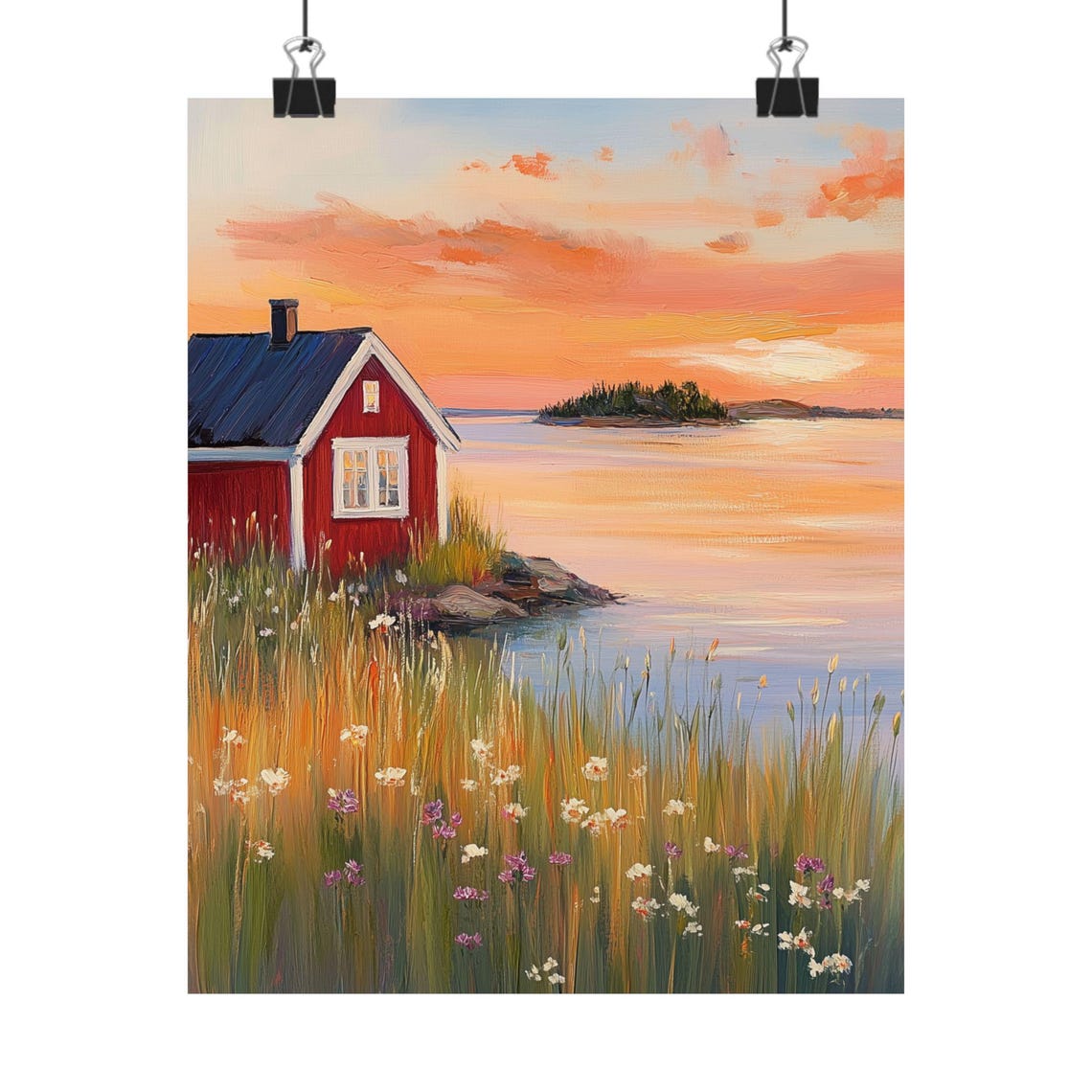 Classic Red Coastal Cabin at Sunset Wildflowers Calm Sea Poster