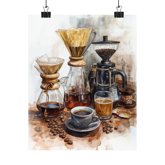 Coffee Still Life Watercolor Painting Pour Over Coffee Print Coffee Lover Kitchen Decor Brewing Art Print Cafe Scene Decor