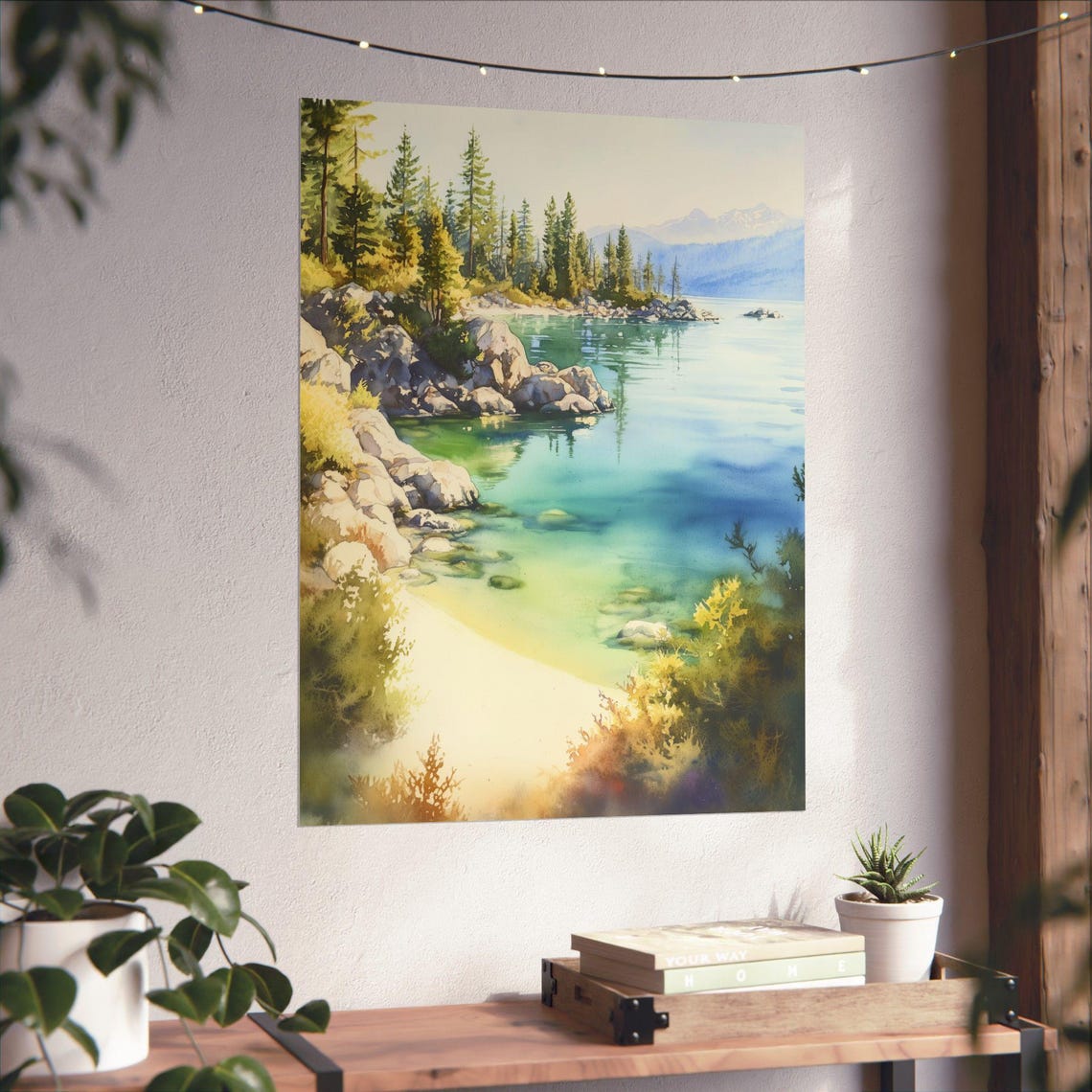 Lake Tahoe Turquoise Cove Pine Trees Rocks Mountain Watercolor Poster - Image 3
