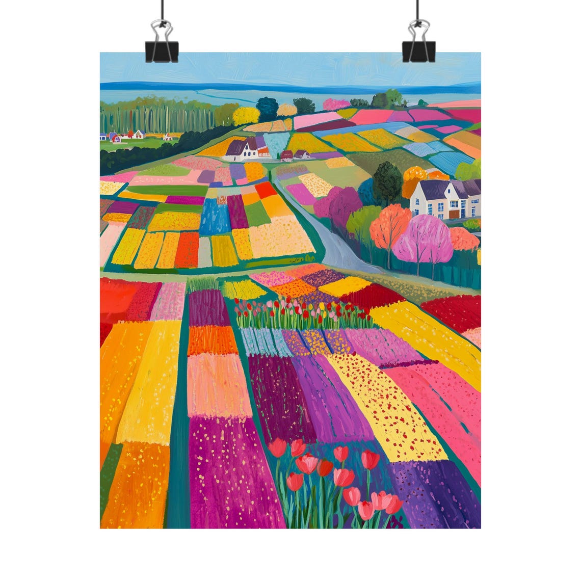 Dutch Tulip Fields in Bloom with Colorful Flower Strips Poster