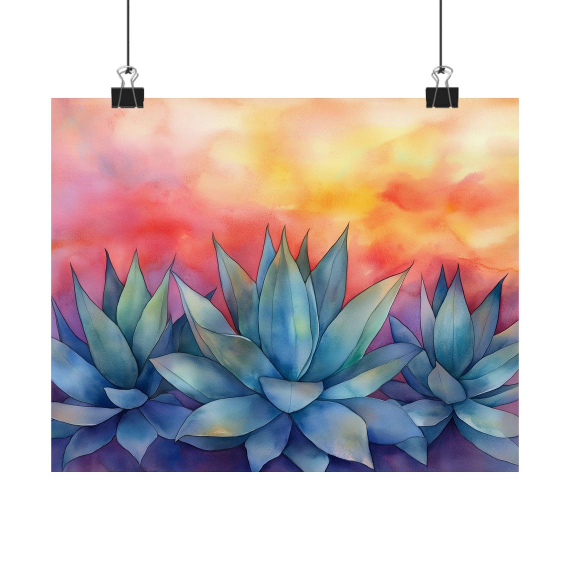 Three Agaves Soft Pink Sunset Watercolor Botanical Desert Poster