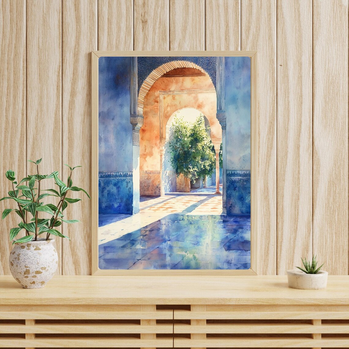 Alhambra Granada Moorish Arches Sunlit Courtyard Watercolor Poster - Image 3