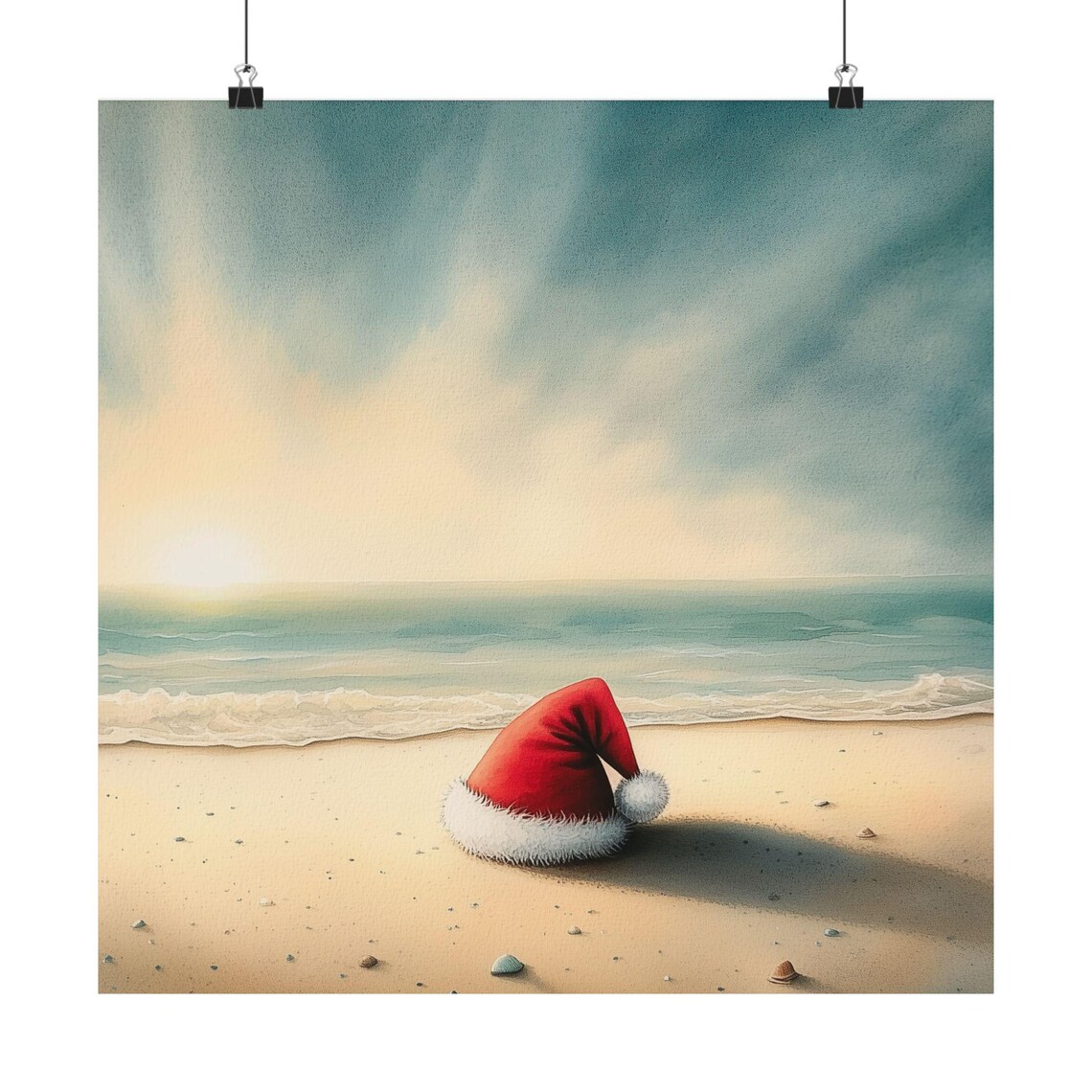 Lone Santa Hat on Sandy Beach at Dusk Watercolor Holiday Poster