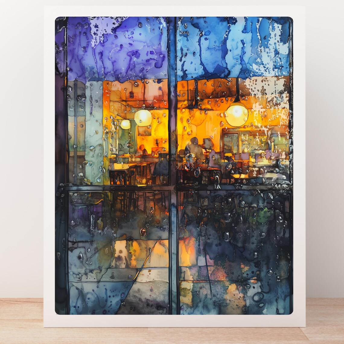 Rain Streaked Window Painting Coffee Shop Art Moody Cafe Scene Decor Rainy Weather Print Window View Wall Art - Image 5