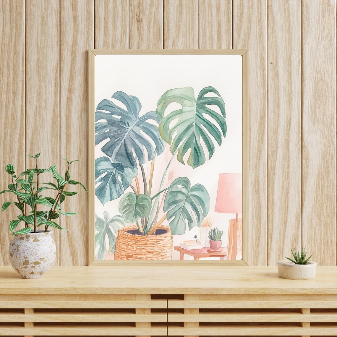 Blush Watercolor Monstera Plant in a Woven Wicker Basket Print - Image 4