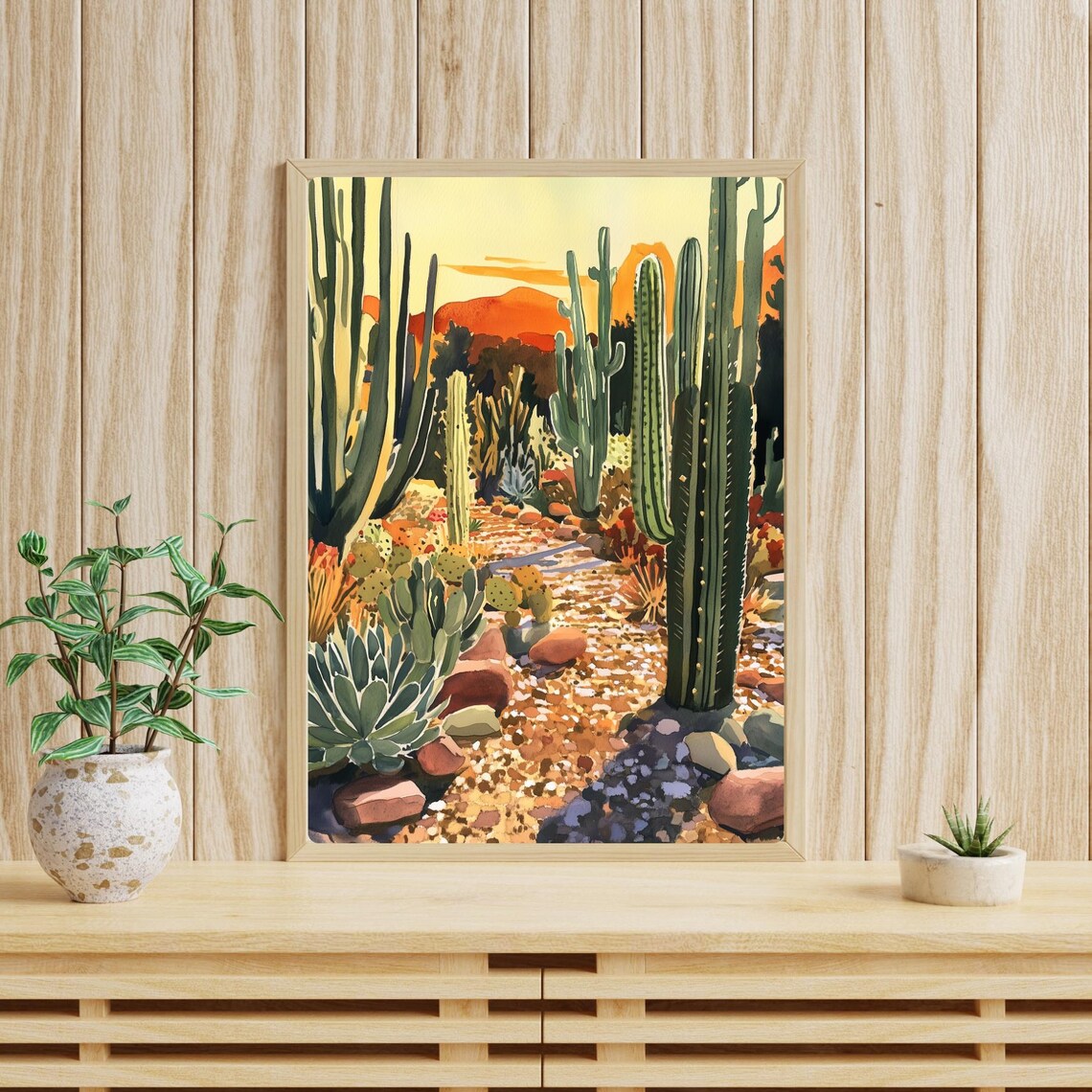 Desert Sunset Cactus Garden with Saguaros Gouache Painting Poster - Image 4