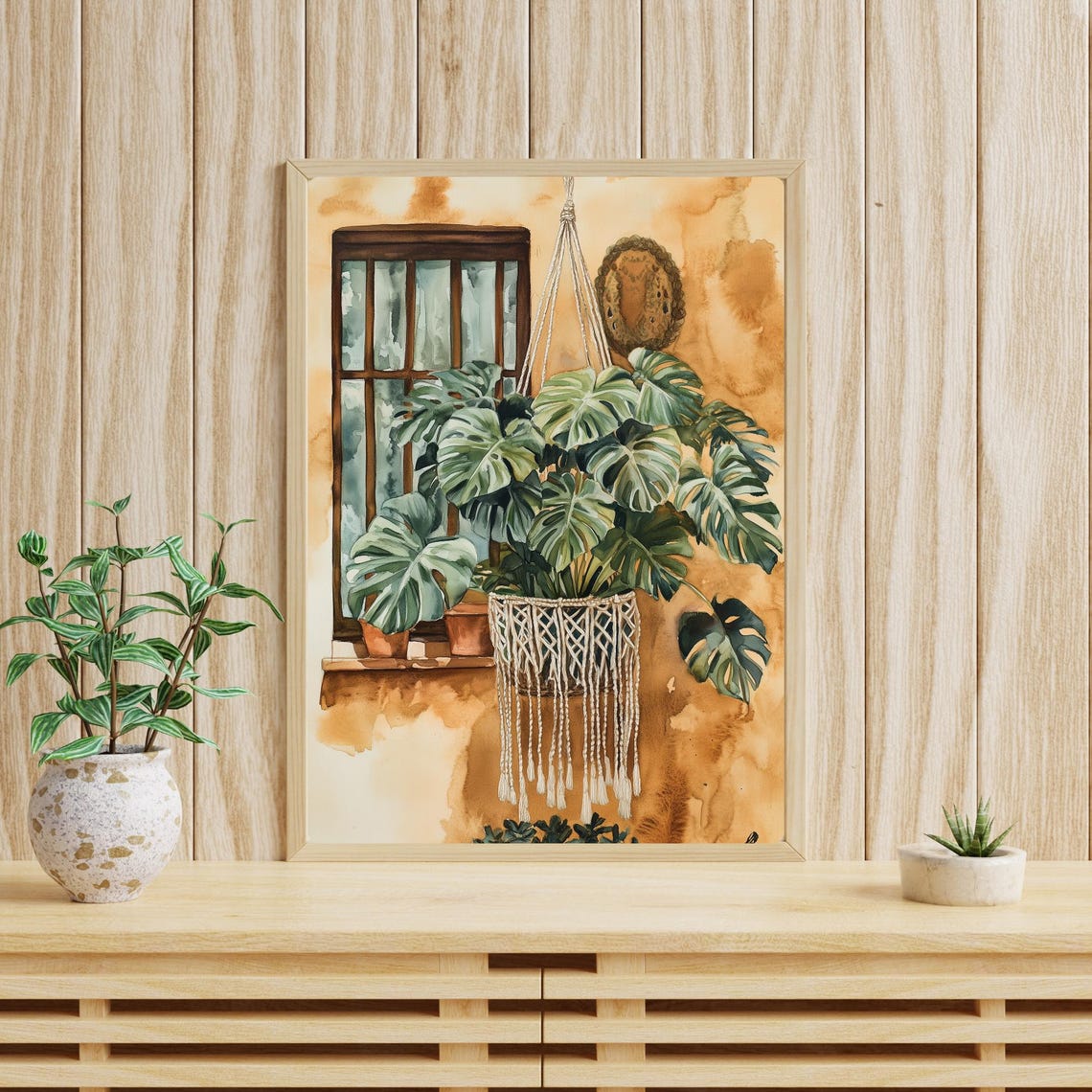 Monstera in a Macrame Hanging Planter by a Rustic Window Poster - Image 4
