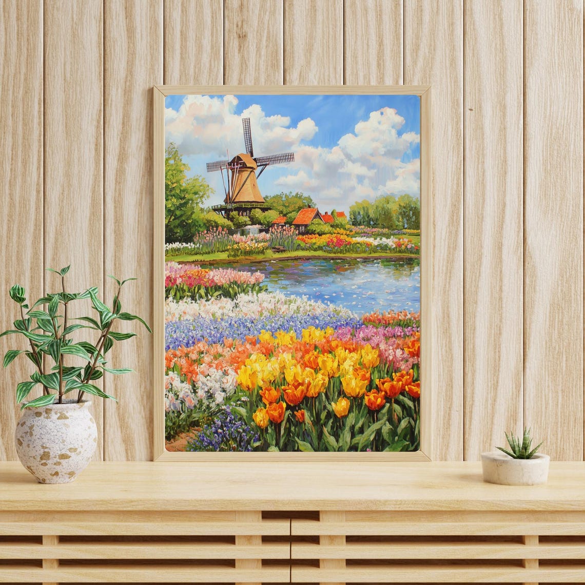 Keukenhof Dutch Windmill Over Tulip Fields by the River Poster - Image 4
