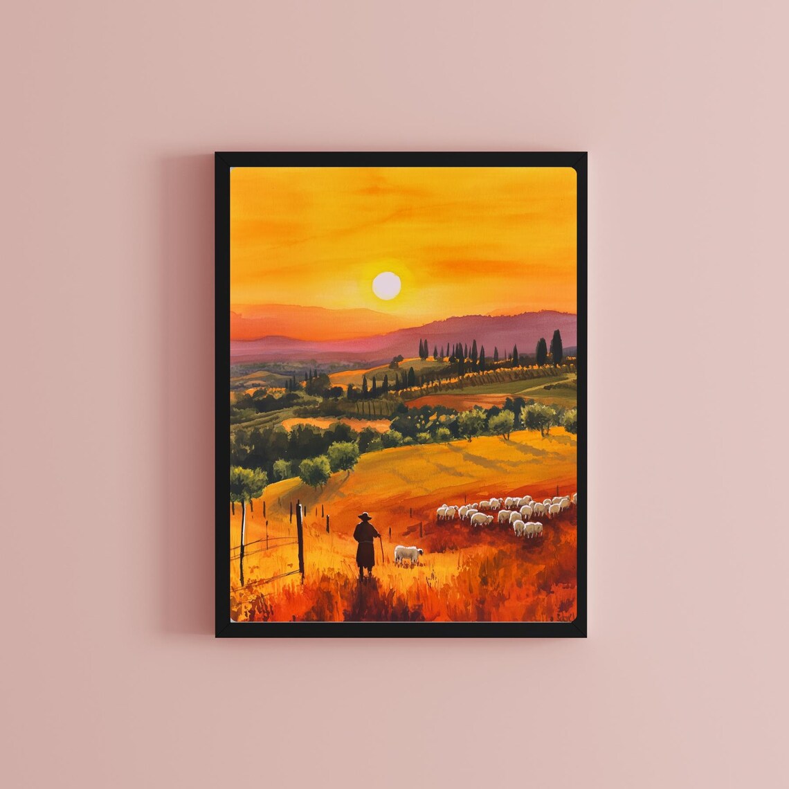 Tuscan Shepherd Leading His Sheep Across Golden Sunset Hills Poster - Image 2