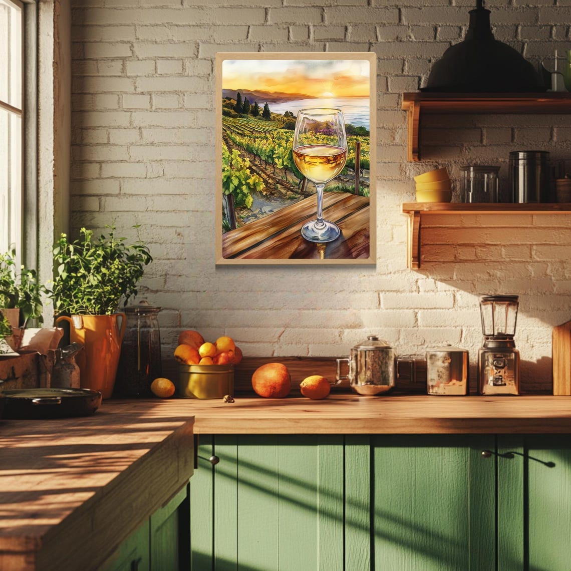 White Wine Glass Above Vineyard Rows at a Coastal Sunset Poster - Image 3