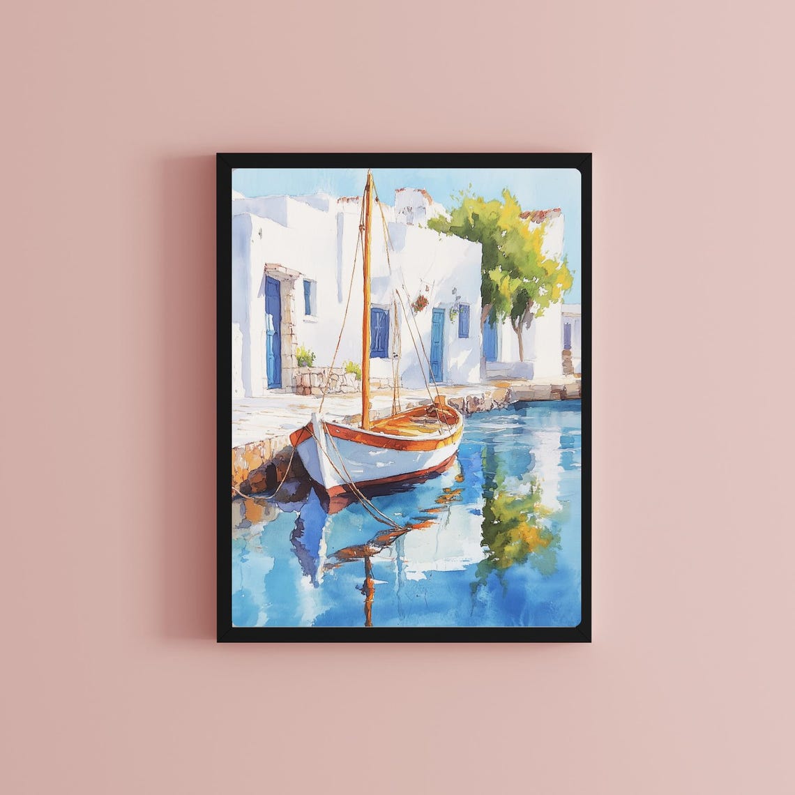 Whitewashed Greek Island Harbor with a Moored Sailboat Poster - Image 2
