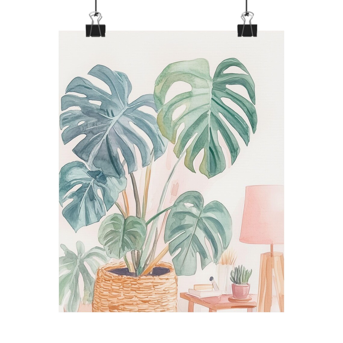Blush Watercolor Monstera Plant in a Woven Wicker Basket Print