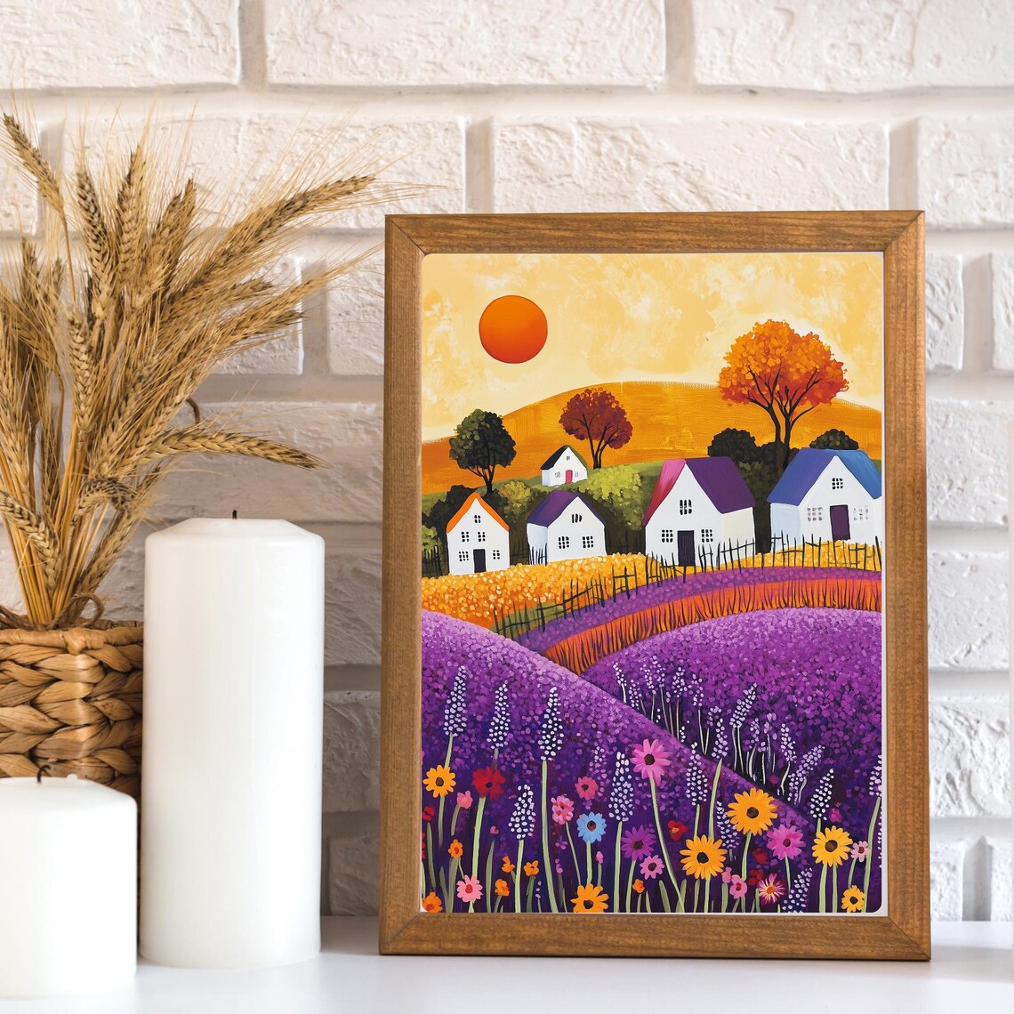 Whimsical Folk Art Village Houses in Purple Lavender Fields Poster - Image 3