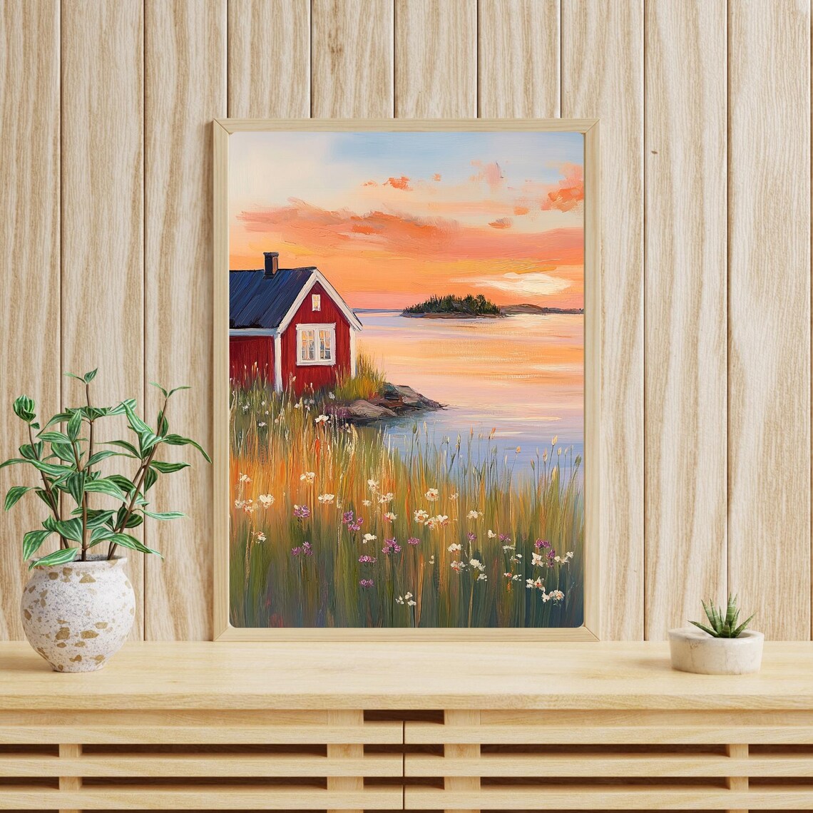 Classic Red Coastal Cabin at Sunset Wildflowers Calm Sea Poster - Image 4
