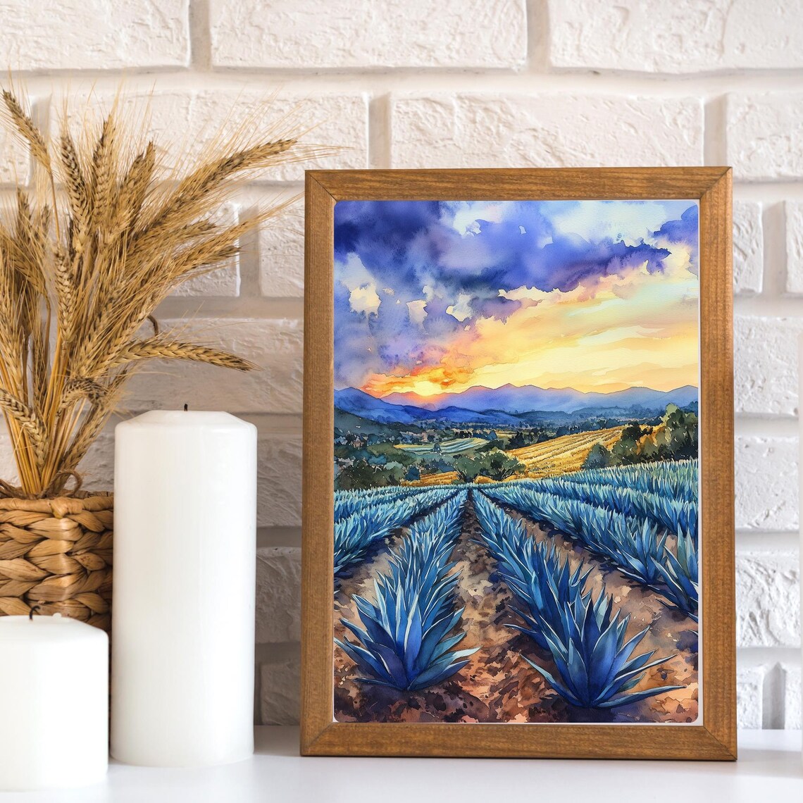 Agave Farm Sunset Watercolor, Mexican Landscape Art - Image 3