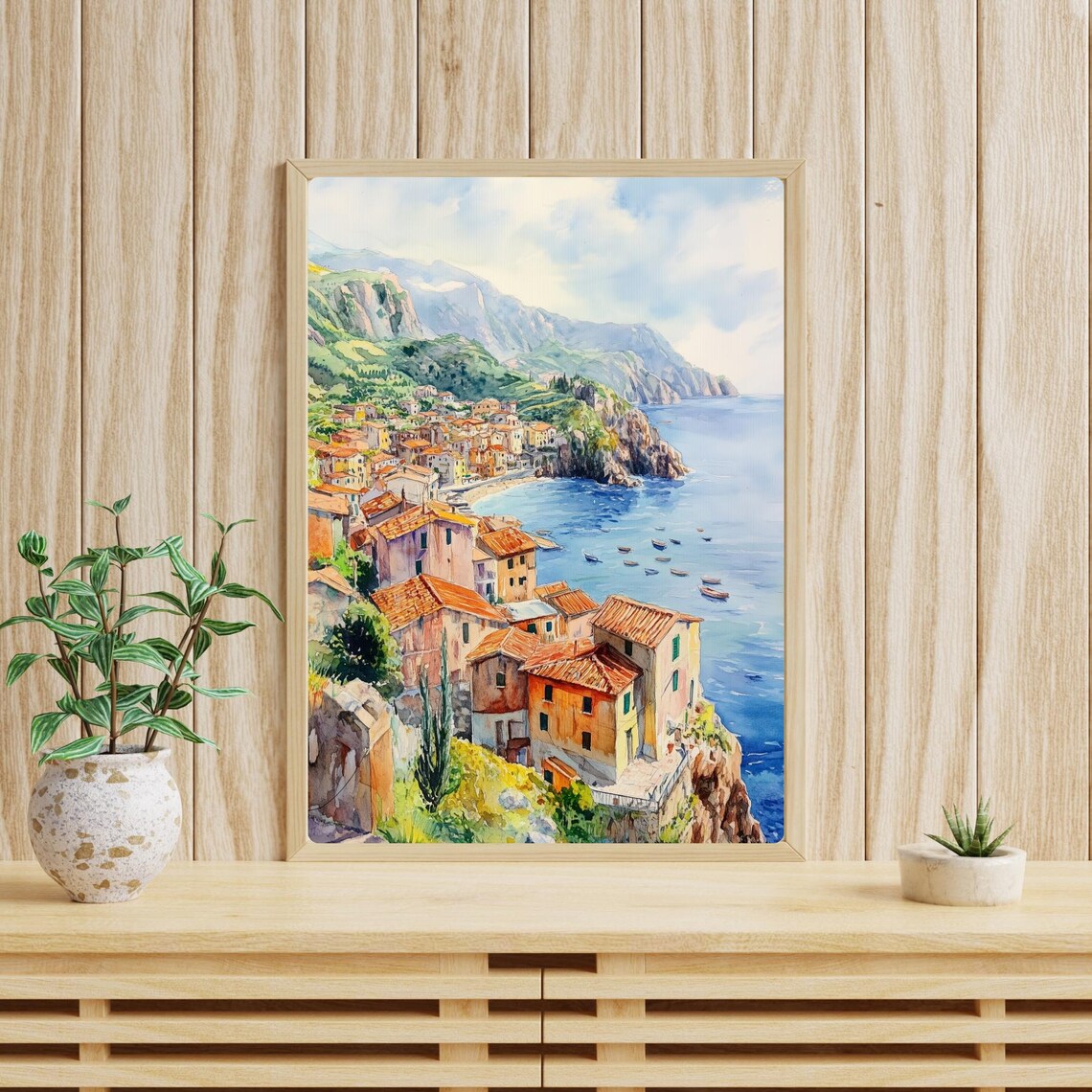 Italian Coastal Fishing Village Cliffside Aerial Watercolor Poster - Image 3
