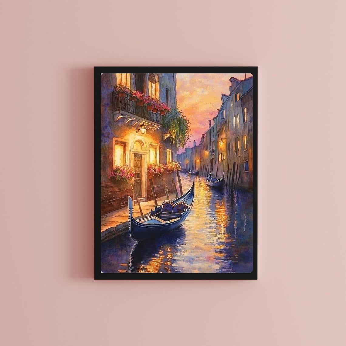 Romantic Venice Canal Gondola at Twilight Warm Watercolor Poster - Image 2