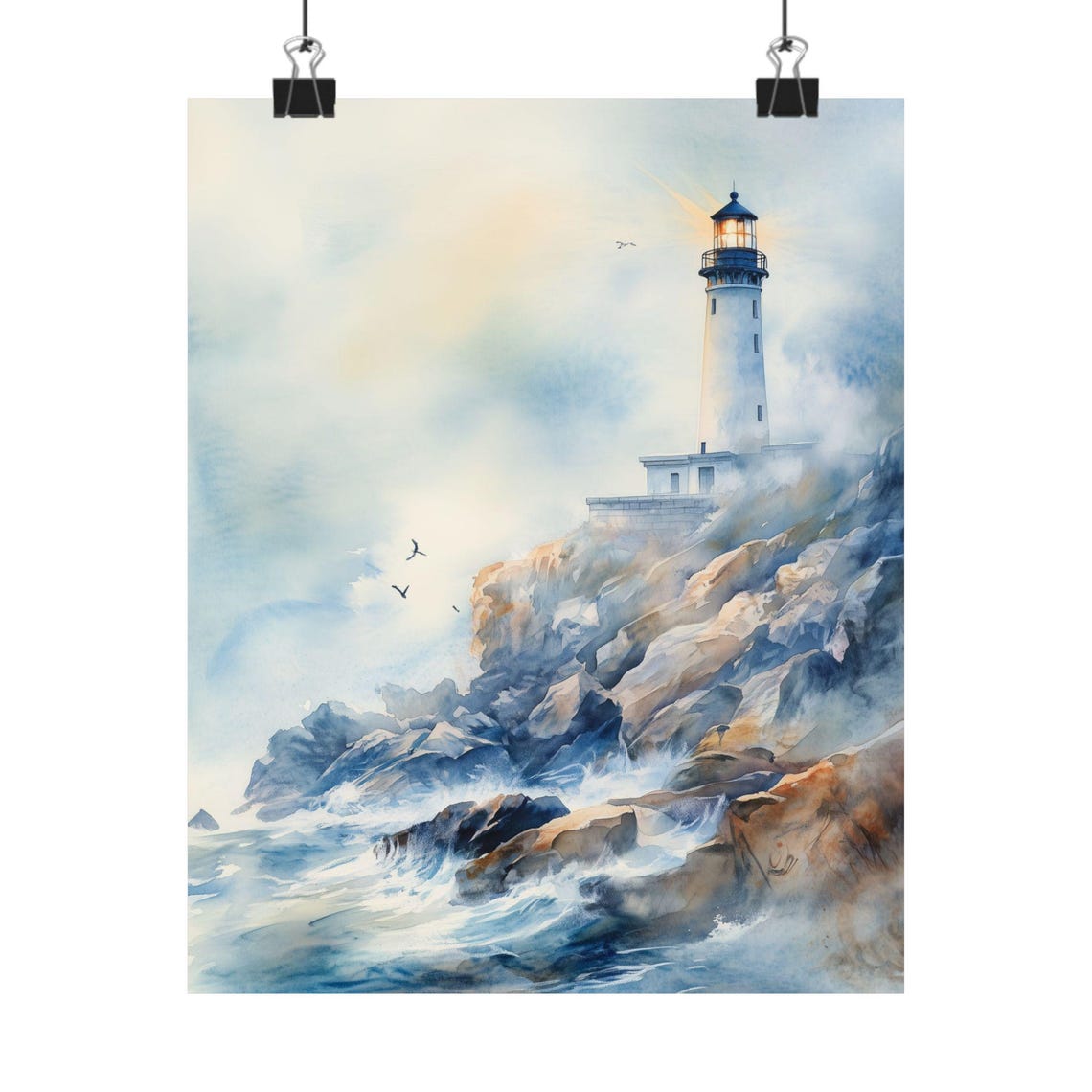 Lighthouse On Rocky Coast Ocean Waves Seagulls Watercolor Poster