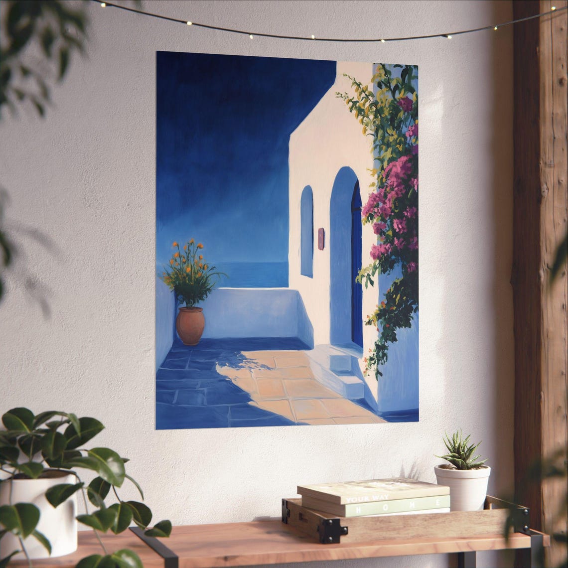 Santorini Greece Courtyard Blue Door Pink Bougainvillea Terrace Poster - Image 4