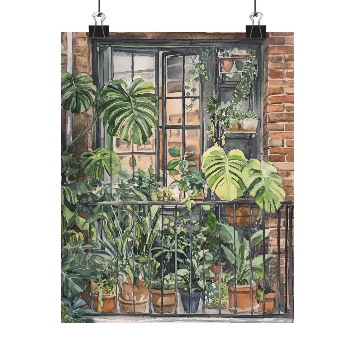 Potted Monstera Plants on a Brick Balcony Window Scene Poster