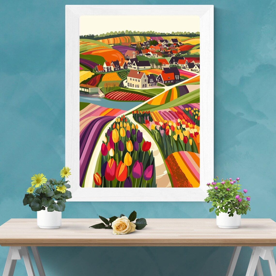 Dutch Tulip Fields Colorful Countryside Village Landscape Poster - Image 2