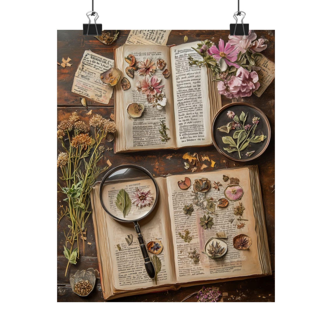 Vintage Botanical Herbarium with Pressed Flowers Open Books Poster