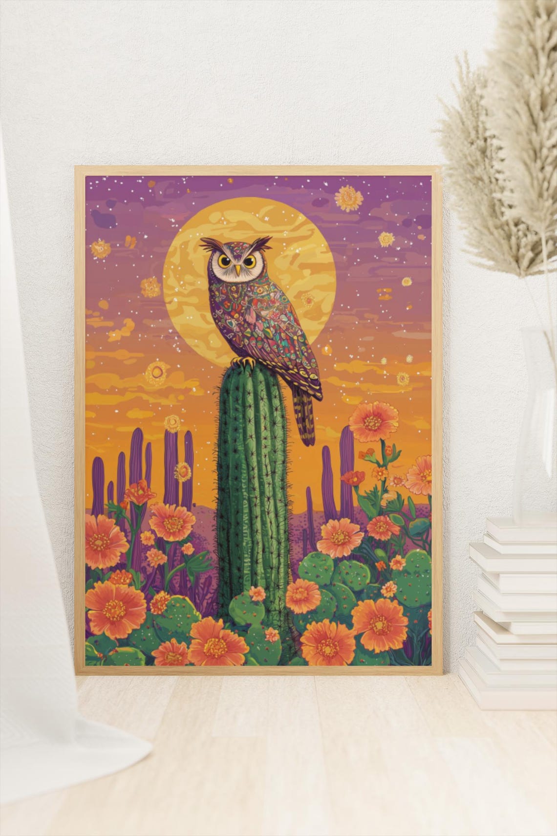 Colorful Owl Perched on Cactus Desert Sunset Golden Moon Art Print