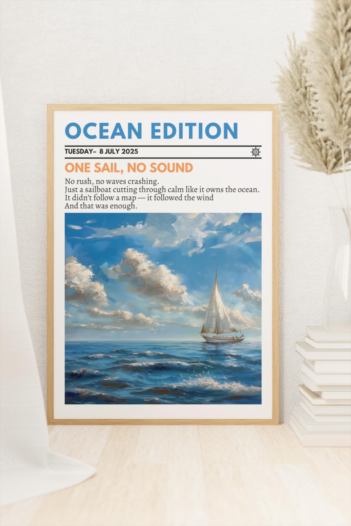 One Sail No Sound Sailboat on Calm Ocean Newspaper Style Poster