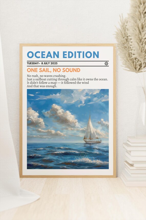One Sail No Sound Sailboat on Calm Ocean Newspaper Style Poster