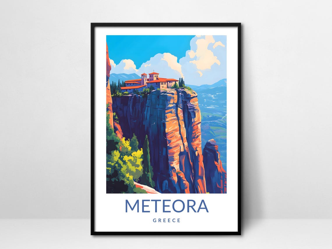 Meteora Greece Monastery Cliff Vintage Travel Poster Dramatic View