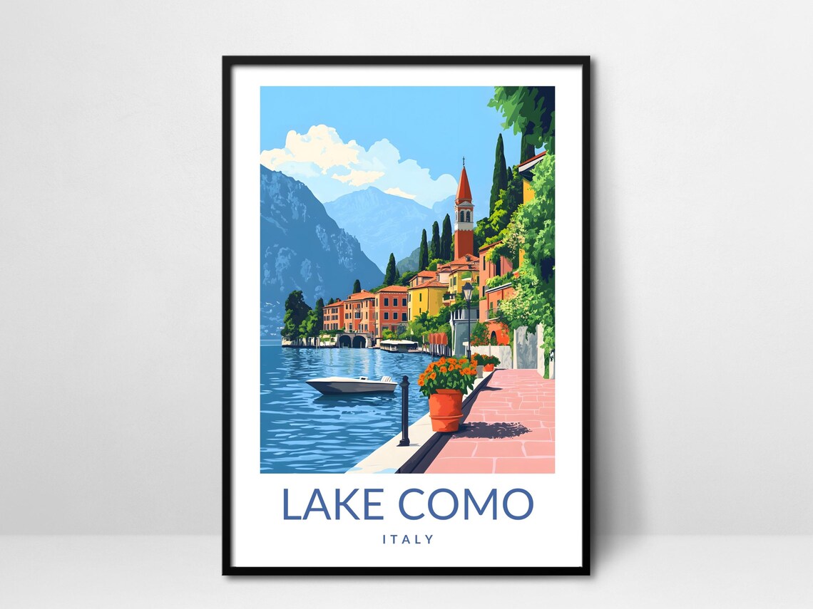 Lake Como Italy Lakeside Village Bell Tower Sunny Travel Poster