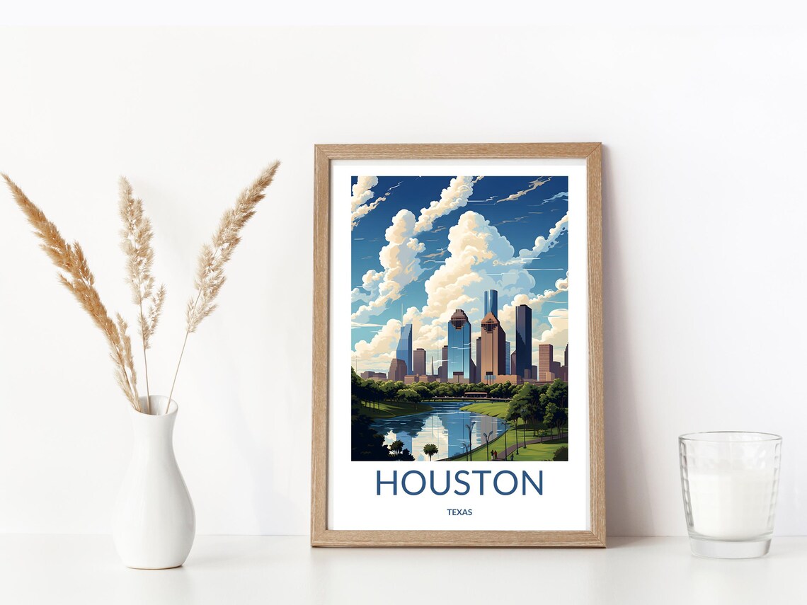 Houston Texas Daytime Skyline Bayou Green Park Retro Travel Poster - Image 3