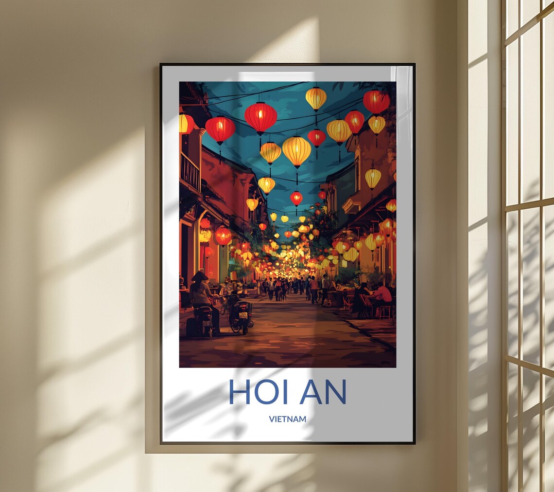 Hoi An Vietnam Night Market Poster Glowing Lantern Street Festival Art