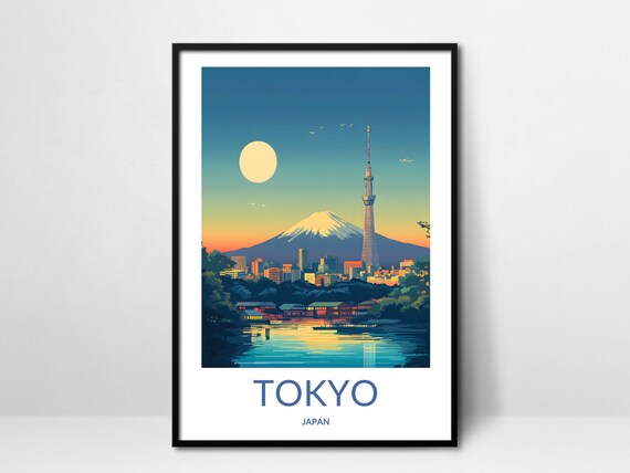 Tokyo Skytree Mount Fuji Moonlit Skyline Water Travel Poster