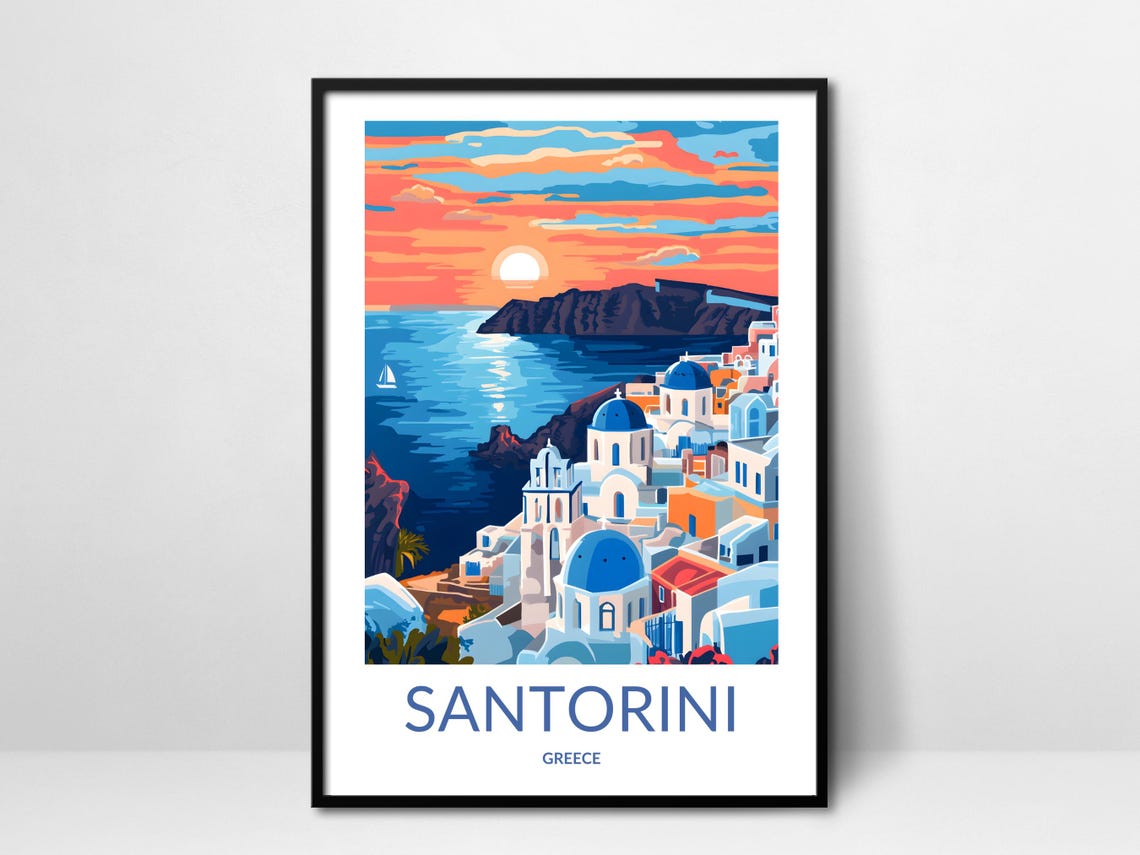 Santorini Blue Dome Churches Sunset Over the Aegean Sea Poster