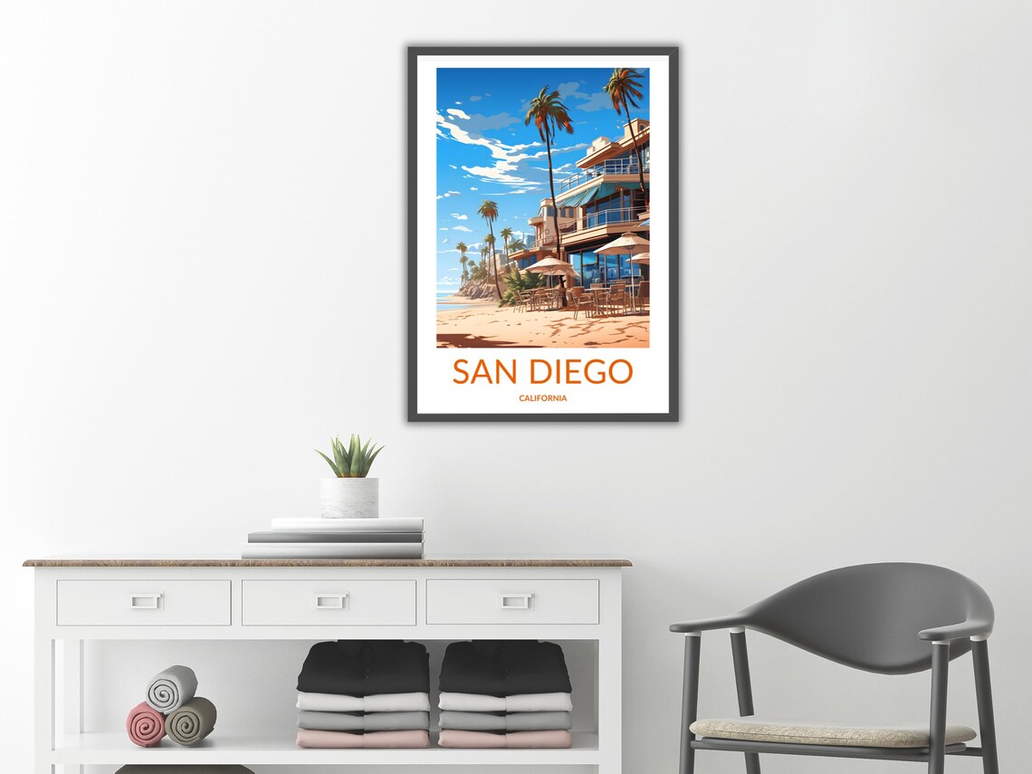 San Diego California Beach Cafe Palm Trees Coastal Scene Poster - Image 2