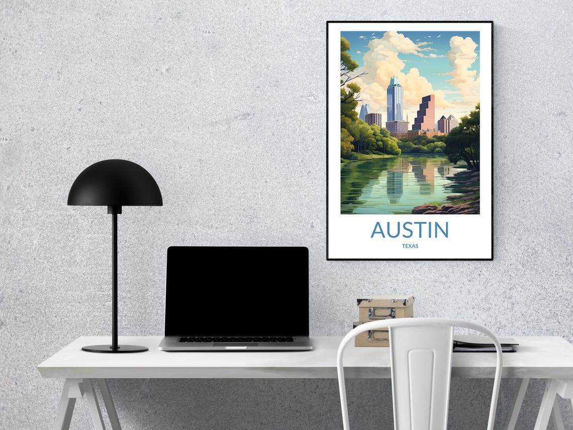 Austin Texas City Skyline River Reflection Vintage Travel Poster - Image 2