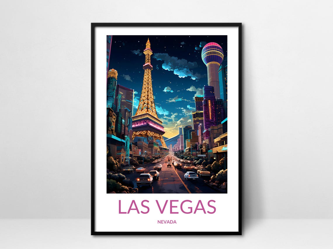 Las Vegas Night Eiffel Tower Skyline Glow Nevada Travel Poster