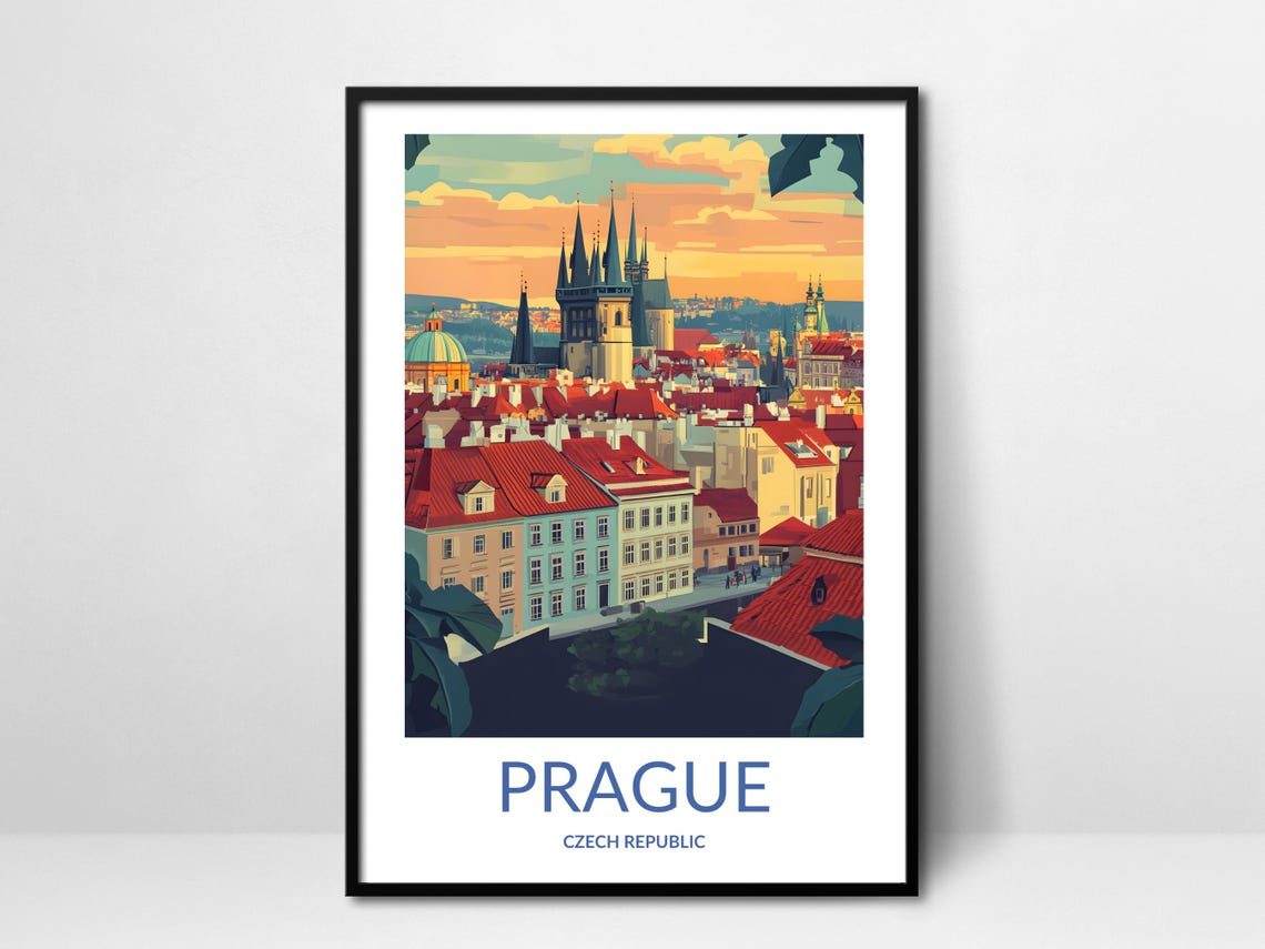 Prague Czech Republic Old Town Skyline Sunset Vintage Travel Poster