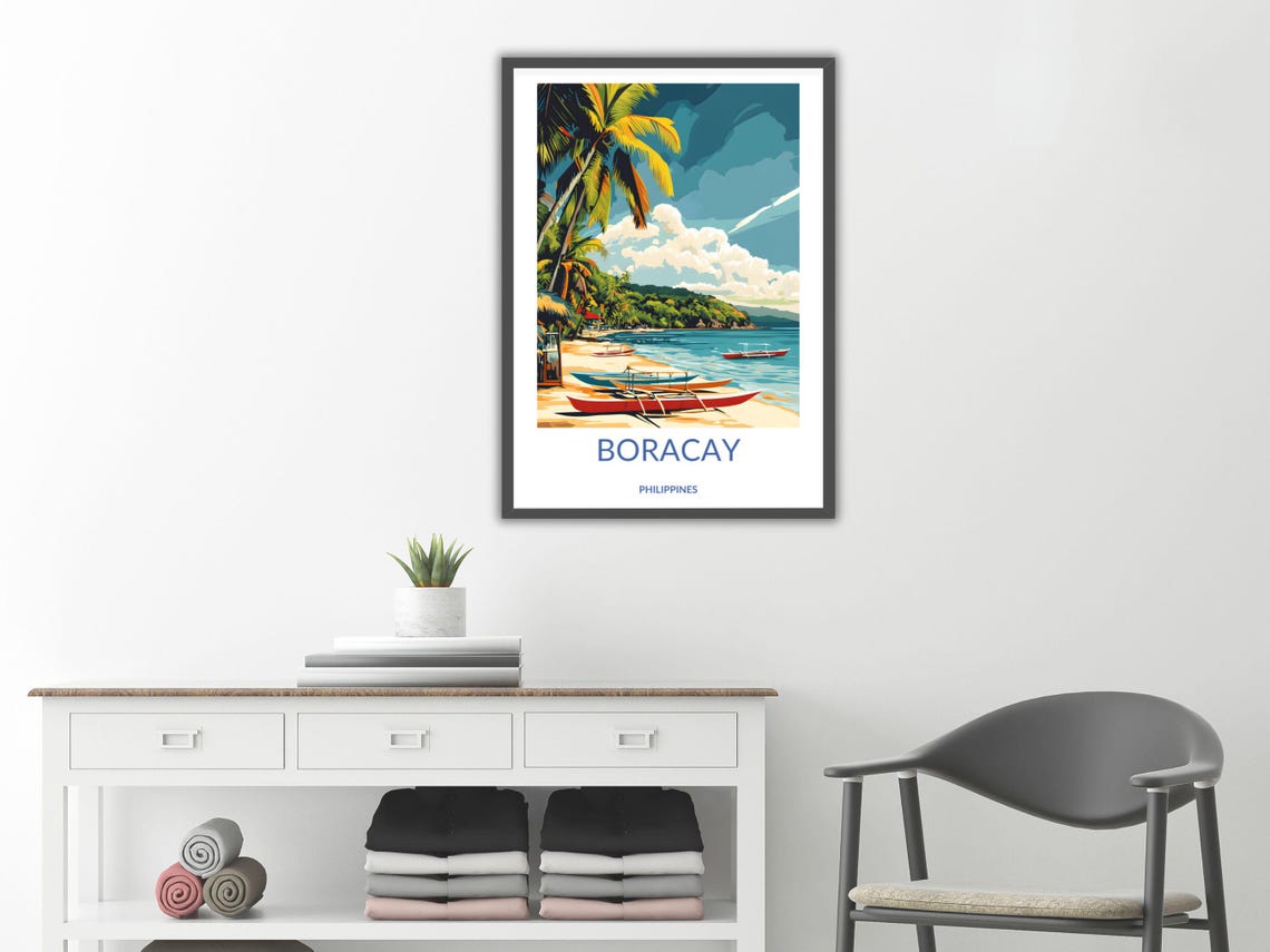 Boracay Philippines Tropical Beach Boats Palm Trees Travel Poster - Image 2