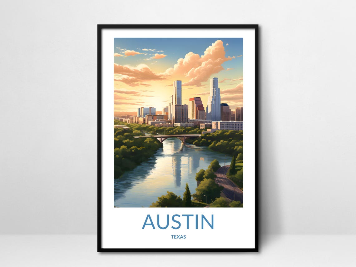 Austin Texas Sunset Skyline River Bridge Travel Vintage Poster