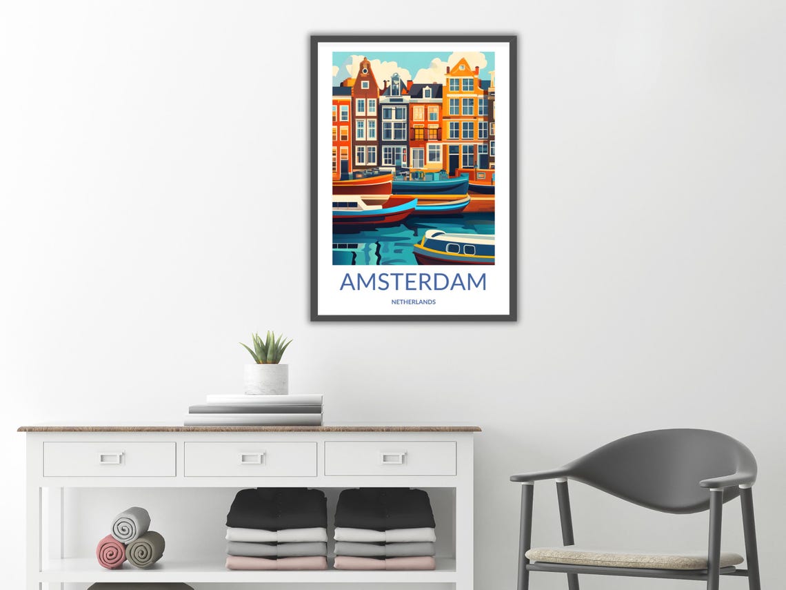 Amsterdam Canal Boats Gabled Houses Waterfront Netherlands Art Poster - Image 2