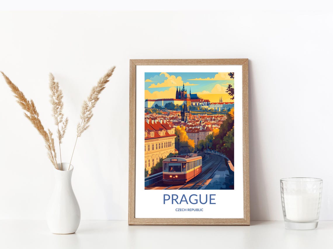 Prague Czech Republic Red Tram and Castle City Vintage Travel Poster - Image 3