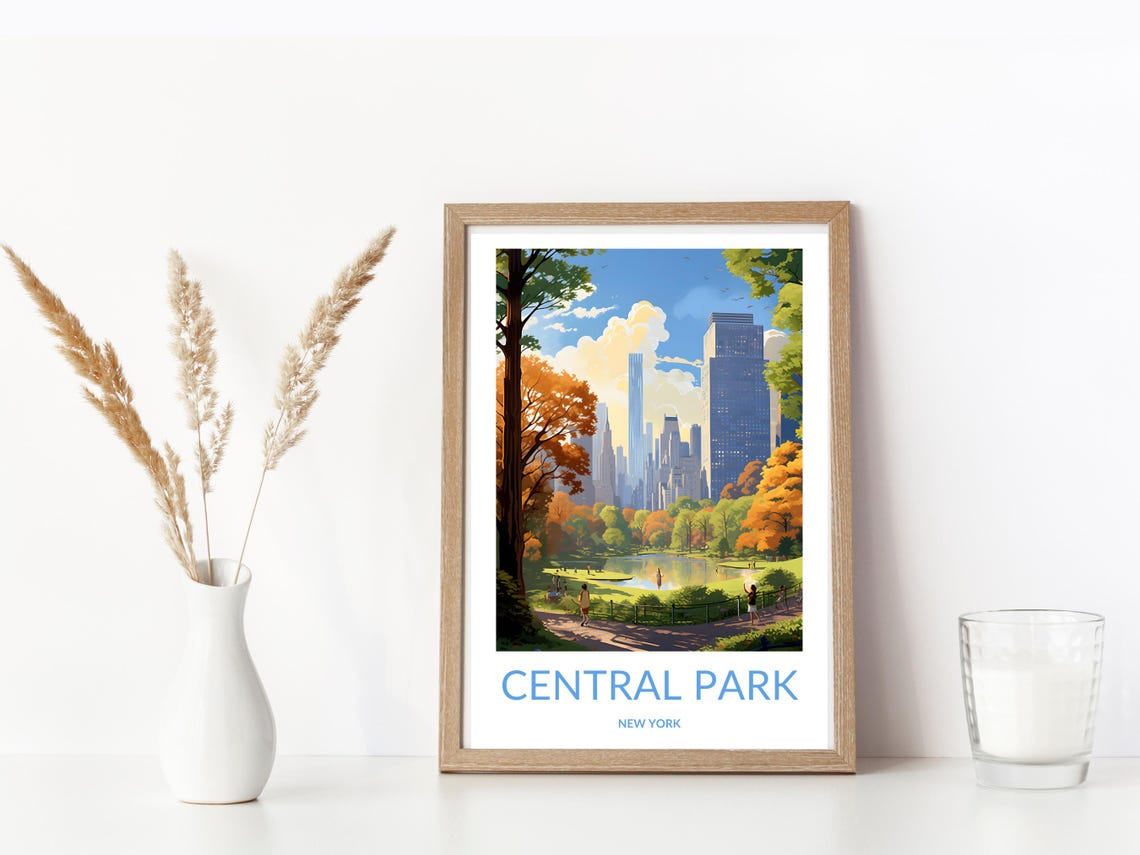 Central Park New York Sunny Lakeside Skyline Vintage Travel Poster - Image 3