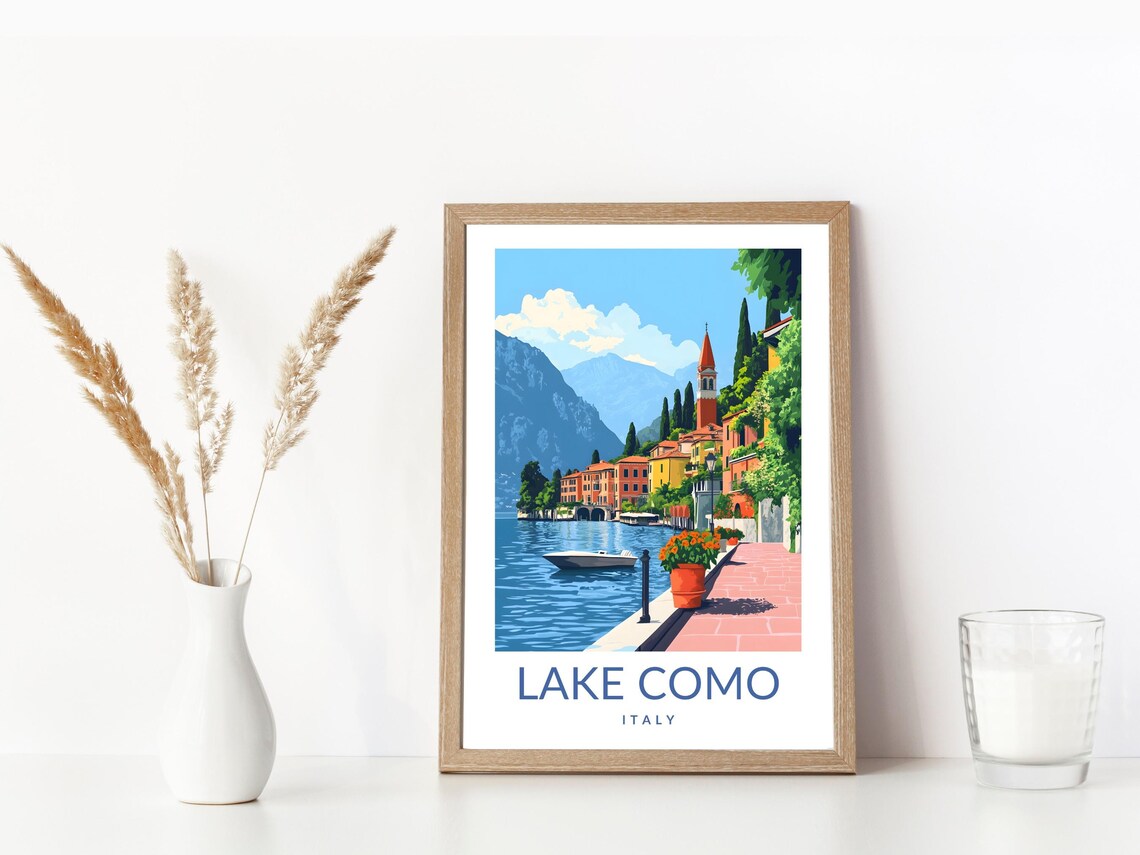 Lake Como Italy Lakeside Village Bell Tower Sunny Travel Poster - Image 3