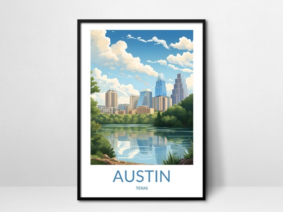 Austin Texas Downtown Skyline Lake Reflection Art Travel Poster